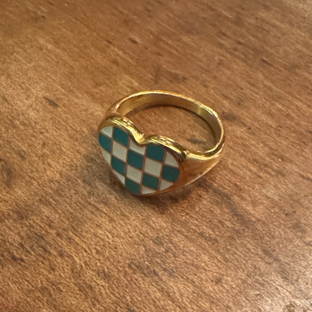 Teal Blue and White Checkered Heart Ring with Gold-Toned Band